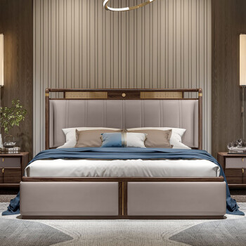 心居名家实木乌金木双人床1.8米真皮床国潮现代新中式婚床大床